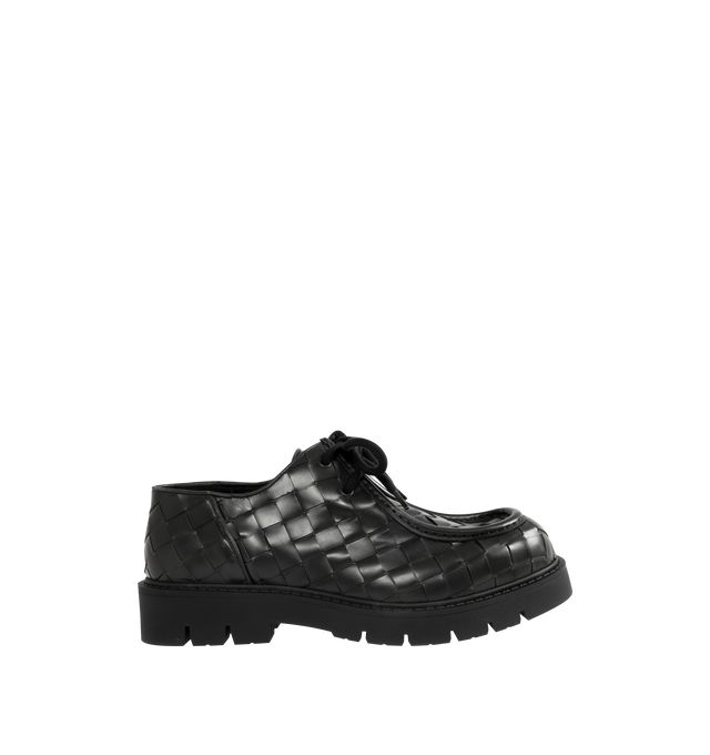 Image 1 of 4 - GREEN - Bottega Veneta Haddock Lace-Up Shoe in smooth calfskin with all-over Intrecciato craftsmanship. Upper and lining: calfskin. Rubber outsole. Made in Italy.