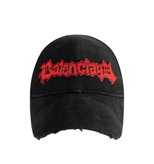 Image 1 of 2 - BLACK - BALENCIAGA Logo Cap featuring worn-out details, classic baseball cap shape, ventilation eyelets embroidered on top, adjustable tab at the back and artwork embroidered on the front and back. 100% cotton. Made in Italy.