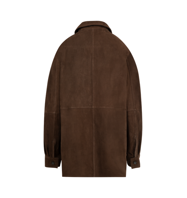 Image 2 of 2 - BROWN - TOTEME Soft Suede Shirt featuring buttersoft suede, paneled straight silhouette fastening with buttons at the placket and cuffs, collar and long sleeves. 100% lamb leather.