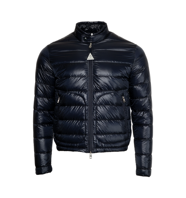 Image 1 of 3 - BLUE - MONCLER Acorus Short Down Jacket featuring down-filled, packable, front zipper closure, zipped pockets, collar opening and adjustable cuffs with snap button closure and logo patch. Exterior: 100% polyamide/nylon. Lining: 100% polyamide/nylon. Padding: 90% down, 10% feather. Made in Italy.  