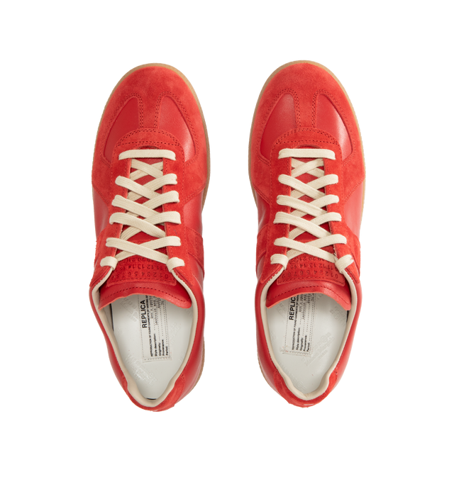Image 5 of 5 - RED - Maison Margiela Replica Sneakers featuring lace-up sneakers in buffed nappa calfskin and calfskin suede, contrasting sole, Maison Margiela logo label on the tab, internal Replica label, internal elastic and all-over Maison Margiela logo insole. 100% calf leather. Sole: 100% rubber. Made in Italy.