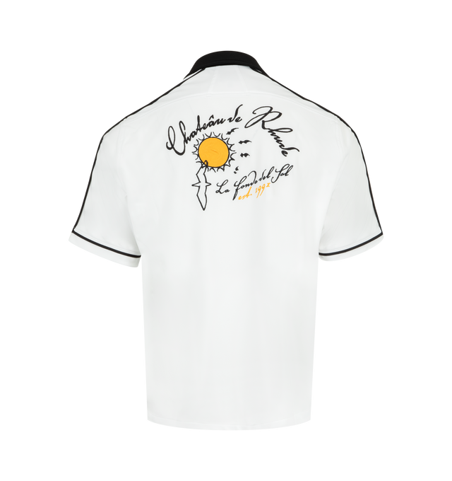 Image 2 of 2 - WHITE - RHUDE Fonda Del Sol Bowling Shirt featuring front button fastening, contrasting spread collar, contrasting trim, logo print at the chest, two front patch pockets, short sleeves, slogan print to the rear and straight hem.