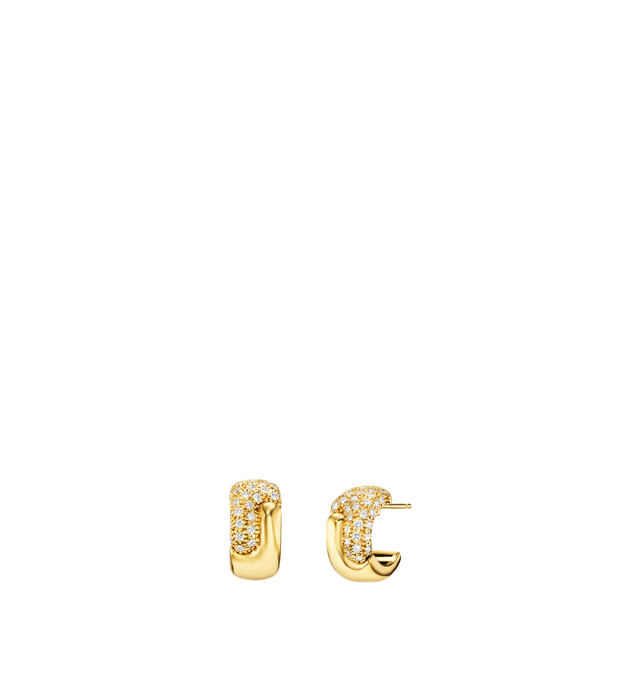 Image 1 of 3 - GOLD - PAMELA ZAMORE Holos Round Huggies with Diamonds featuring two sculptural halves of a piece interlocking to become one. Hand-finished. 18K yellow gold, 10.2g. 1.05ct Diamonds. Hirshleifers offers a range of pieces from this collection in-store. For personal consultation and detailed information about jewelry, please contact our dedicated stylist team at personalshopping@hirshleifers.com. This item may be restricted for online purchase to international clients. For assistance purchasing