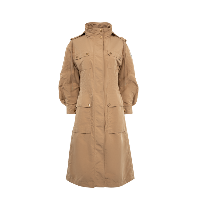 Image 1 of 3 - BROWN - MONCLER Nantes Parka featuring a polyester and nylon blend, micro mesh lining, pull-out adjustable hood, three-quarter length sleeves, zip and snap button closure, waist with inner drawstring fastening and patch pockets. 70% polyester, 30% polyamide/nylon. Made in Romania.