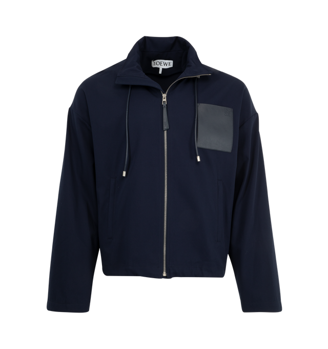 Image 4 of 4 - NAVY - LOEWE Hooded Jacket in lightweight compact cotton twill featuring a removable hooded collar, adjustable hem, relaxed fit, regular length, concealed rib knit cuffs, leather chest patch pocket, zipped welt pockets and unlined. Cotton. Made in Italy.