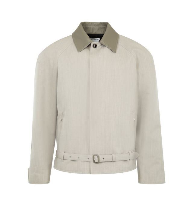 Image 1 of 3 - GREY - BOTTEGA VENETA Wool Melange Blouson featuring cabat shoulder construction, leather collar, zipper pockets with metal knot zipper pull, belt with leather buckle, zipper closure and relaxed fit. 100% wool. Made in Italy.