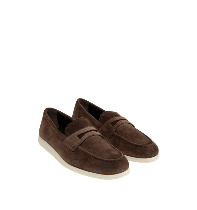 Image 2 of 4 - BROWN - CHURCH'S Portsmouth Suede Shoe featuring loafer with handmade apron-toe seam, suede upper, leather footbed, off-white rubber sole with Church's logo and Blake construction for enhanced flexibility. Made in Italy.