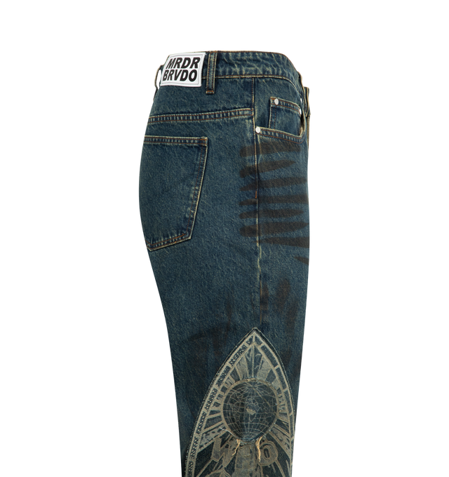 Image 3 of 3 - BLUE - WHO DECIDES WAR Mechanic Signature Jeans featuring non-stretch denim jeans, fading, whiskering, and discoloration throughout, belt loops, five-pocket styling, zip fly, eEmbroidered logo appliqu with raw edges at outseams, logo patch at back waistband and logo-engraved silver-tone hardware. 100% cotton.