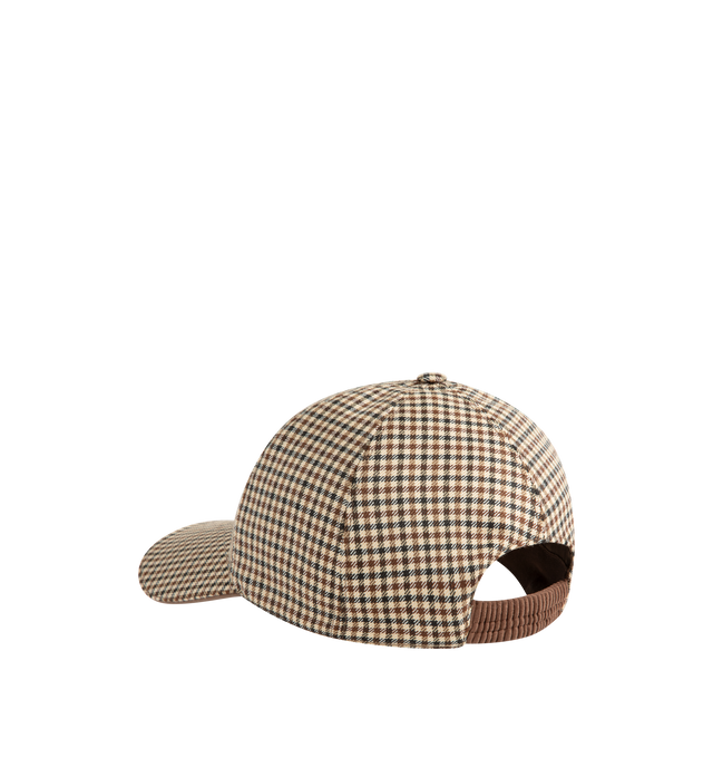 Image 2 of 2 - BROWN - Moncler Mens Wool Check Baseball Cap is crafted from virgin wool check fabric. Features a classic baseball cap silhouette, leather patch with embossed logo, elasticized back closure, and cotton lining. Base Fabric: 100% Virgin Wool; Lining: 100% Cotton; Secondary Material: 88% Polyester, 12% Elastane/Spandex; Leather Tag: Cow Leather; Leather Inserts: Cow Leather. Made in Italy.