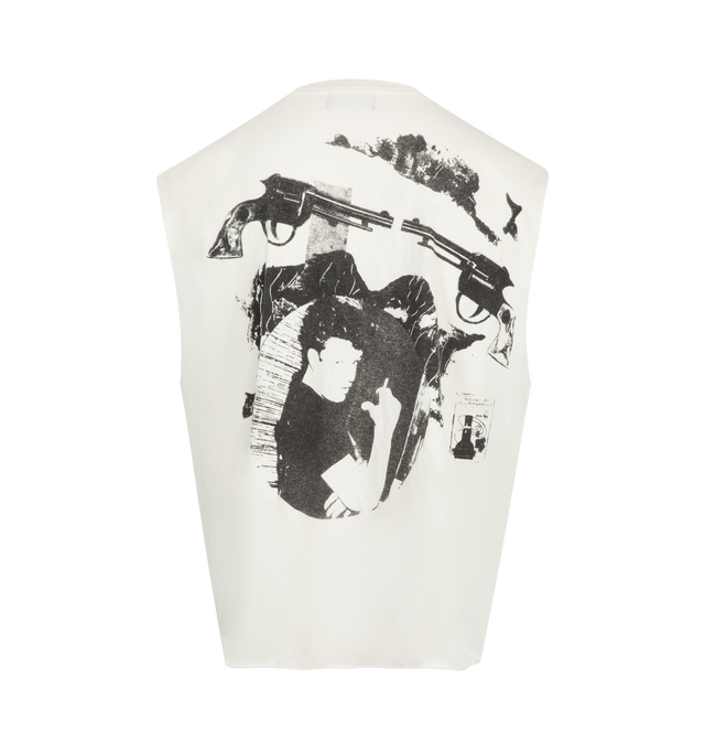 Image 2 of 2 - WHITE - ENFANTS RICHES DEPRIMES Endless Blockades Cut Off T-Shirt featuring heavyweight cotton fabric with a vintage wash, a longer, oversized fit with a rib knit neckline and raw hems at the waist and armholes and printed artwork appears at the front and back. 100% cotton. Made in the USA.