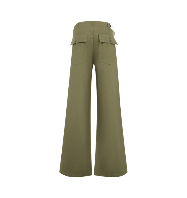 Image 2 of 3 - GREEN - R13 D'Arcy Flare Utility Pants are crafted from Japanese military slub-yarn back sateen and feature a relaxed silhouette with a dramatic flared leg. Inspired by the brand's signature D'Arcy fit, the design combines utilitarian styling with a modern shape, finished with a button fly, slant hip pockets, and flap back pockets. Main Material: 100% Cotton.