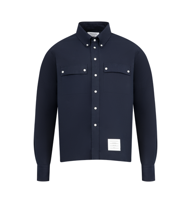 Image 1 of 2 - NAVY - THOM BROWNE Utility Shirt featuring straight fit, button front closure, button collar, two chest pockets with flaps and button closure, buttoned cuffs, back yoke with locker loop, nametag applique, grosgrain armbands and signature striped grosgrain loop tab. Cotton flannel.