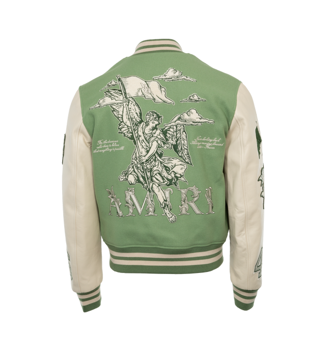 Image 2 of 4 - GREEN - AMIRI MA Angel Varsity Jacket featuring chenille applique, leather contrast sleeves, banded rib detailing, welt zipper pockets and snap button closure. Wool shell, leather sleeves, viscose lining. Made in Italy.  