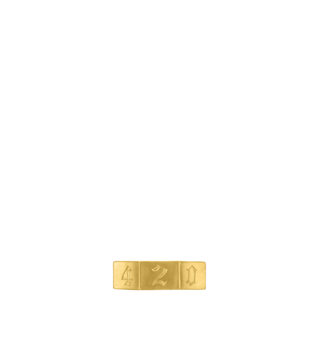Image 1 of 2 - GOLD - Prounis 420 Ode Ring is handcrafted from 22K yellow gold and features elongated side facets with hand-engraved "420" lettering. Designed with a smooth interior suitable for a personalized inscription. Band Width: 6.5 mm. Handmade in New York. For personal consultation and detailed information about jewelry, please contact our dedicated stylist team at personalshopping@hirshleifers.com.This item may be restricted for online purchase to international clients. For assistance purchasing