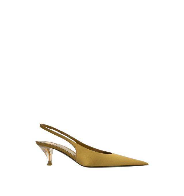 Image 1 of 4 - GOLD - Saint Laurent Women's Fanny Slingback Pumps are crafted from certified viscose and certified silk and feature a translucent silhouette with a pointed cap toe and a Plexiglas kitten heel embedded with the signature bronze-tone CASSANDRE. Designed with an elasticized slingback strap, the elegant pair is finished with a leather sole and a round Saint Laurent-engraved metal plaque at the insole. Main Material: Certified Viscose, Certified Silk. Sole: Leather. Closure: Elasticized Slingback