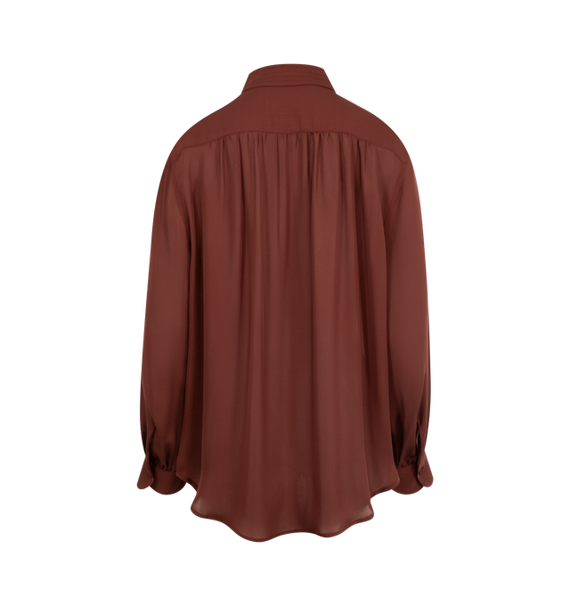 Image 2 of 2 - RED - Nili Lotan Relaxed fit blouse. Collar stand featuring tropunto topstitching. Hidden center front placket. Front yoke and sleeves with shirring. Billowy sleeves with buttoned cuffs and slits. Self-binding detail. Shirttail hem. Made in USA. 100% Silk.
