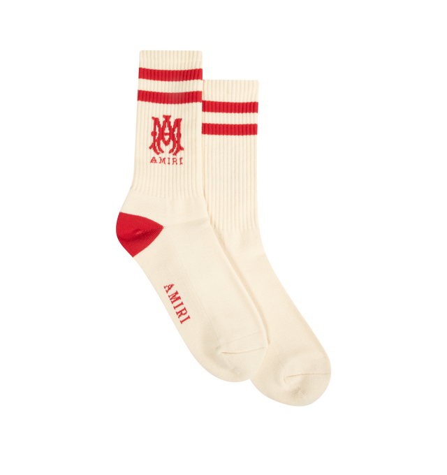 Image 1 of 2 - RED - AMIRI MA Core Logo Socks featuring calf-high length, stretch cotton-blend jersey, jacquard logo and stripes at rib-knit cuffs and jacquard logo at sole. 78% cotton, 20% polyester, 2% elastane.