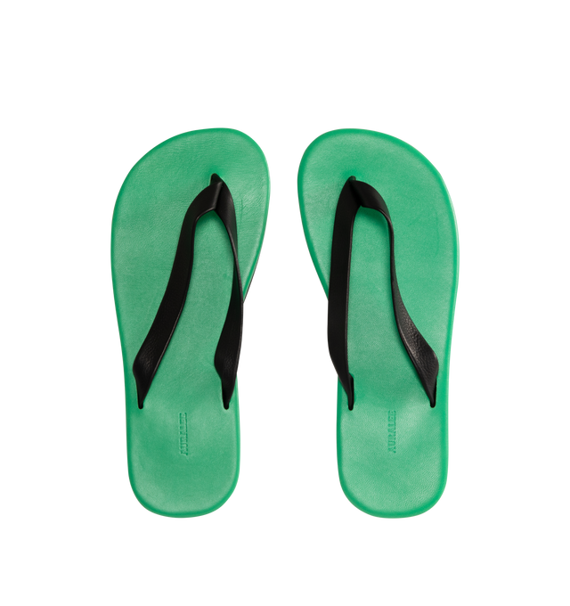 Image 4 of 4 - GREEN - AURALEE Leather Tong Flip-Flops featuring open toe, thong-style strap at vamp, logo embossed at padded leather footbed, stacked leather heel with rubber injection and leather sole. Upper: leather. Sole: leather, rubber.