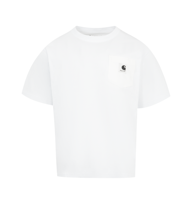 Image 1 of 3 - WHITE - SACAI X CARHARTT WIP Short-Sleeve Cotton-Jersey T-Shirt featuring relaxed fit, crew neck, ribbed trim at neck, short sleeves, patch pocket at chest and logo appliqu at chest pocket. 100% cotton.