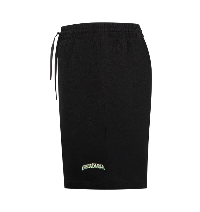 Image 3 of 3 - BLACK - CASABLANCA Volcano Silk Shorts featuring the season's artwork of a volcano looming dramatically behind half-silhouetted palm trees, elasticised waistband, drawstring fastening, in-seam side pockets, a back patch pocket and a relaxed silhouette. 100% silk. Made in Italy.