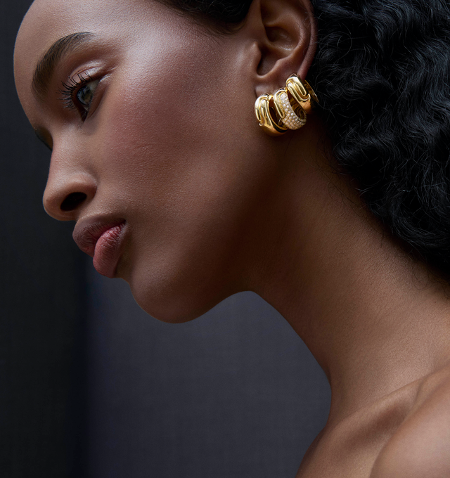 Image 2 of 3 - GOLD - Pamela Zamore Holos Round Hoops with Diamonds is crafted from 16.8g of 18K yellow gold with 3ct diamonds with a 22 mm drop. Holos, meaning whole in ancient Greek, explores the concept of balance and unity, featuring two sculptural halves of a piece interlocking to become one.