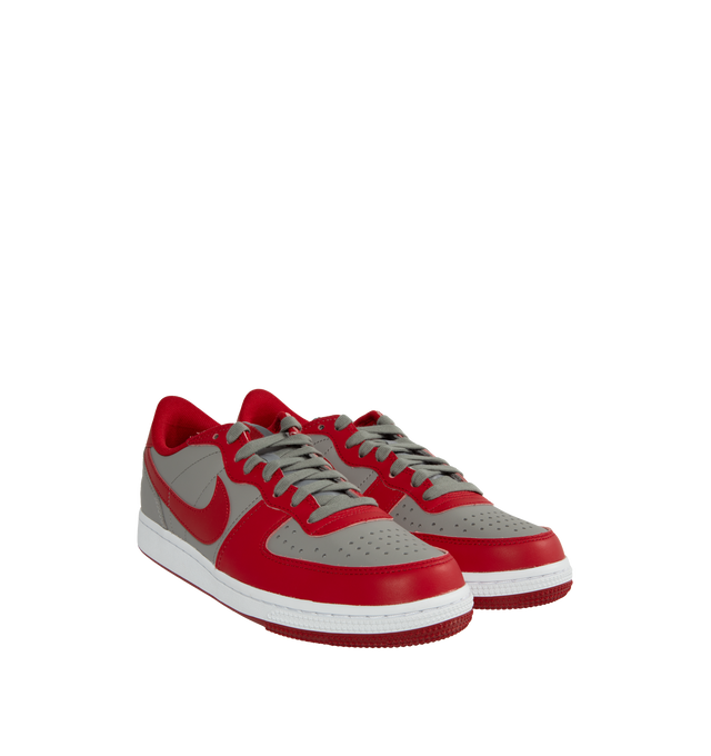 Image 2 of 5 - RED - NIKE Terminator Low UNLV featuring full leather composition, breathability through perforations, mesh tongues and inner lining, grey base, red overlays, Swooshes, tongue labels, liner, insole, and NIKE branding on the heels. 