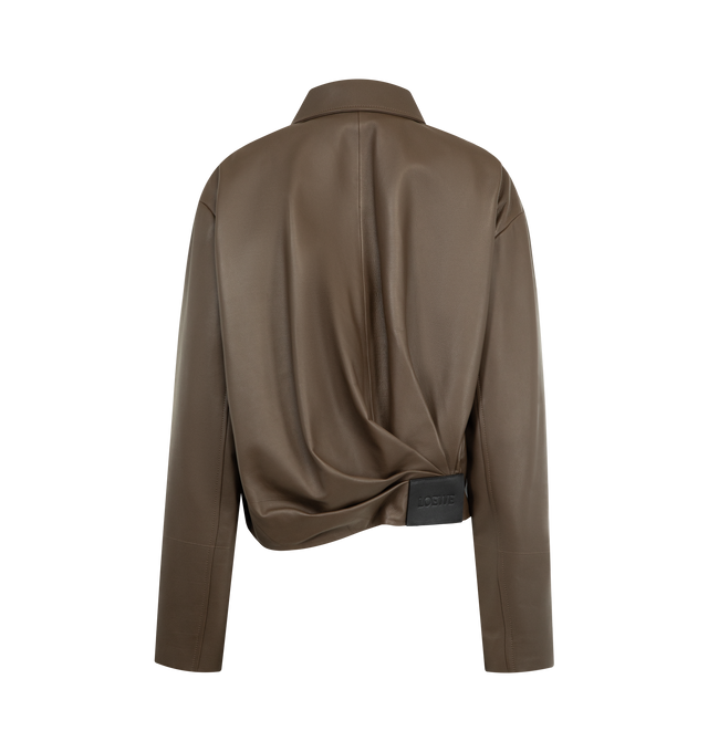 Image 2 of 3 - GREEN - Loewe Jacket in medium-weight nappa calfskin featuring a balloon silhouette with asymmetric hand-gathered draping at the back. Regular fit, short length, classic collar, zip front fastening, seam pockets, fully lined with LOEWE embossed leather patch placed at the back. Made in Italy.