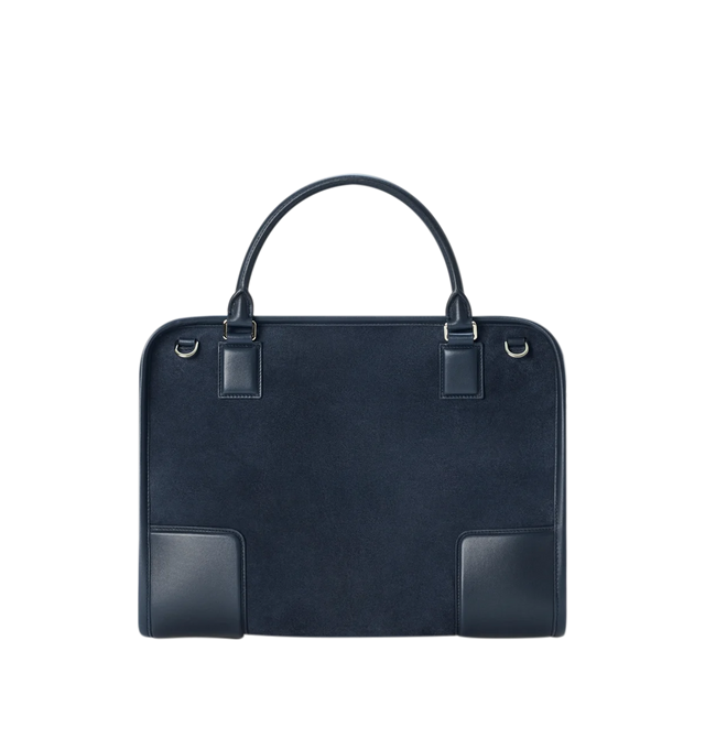Image 8 of 16 - NAVY - Loewe Large Amazona 180 Bag in suede featuring a relaxed silhouette anchored by a single toron top handle, designed to be carried open while a concealed closure secures the main compartment, removable shoulder and crossbody straps, zip closure with two leather zip pullers, two compartments, main compartment closed with magnetic closure, internal flat pocket, left side d-ring for customization, suede and nappa lambskin lining, embossed LOEWE and embossed double L branding. Suede/calf.