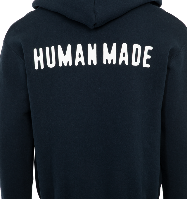 Image 4 of 4 - NAVY - HUMAN MADE Zip-Up Hoodie featuring zip front closure, heart logo embroidery on the chest and "Human Made" print on the back.  