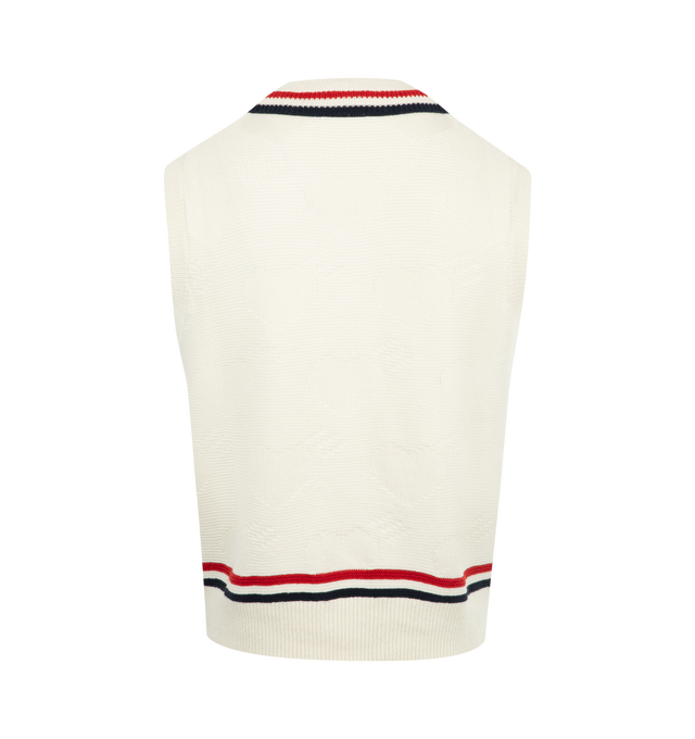 Image 2 of 2 - WHITE - HUMAN MADE Heart Knit Vest featuring school-inspired knit vest with an interwoven heart motif design, v neck and striped trim. 86% linen, 14% polyester.
