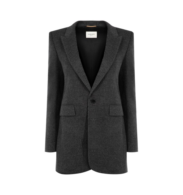 Image 1 of 3 - GREY - SAINT LAURENT Single Breasted Blazer featuring singular front button closure, padding at shoulders, breast seam pocket and front flap pockets and buttoned cuffs. Made in Italy.