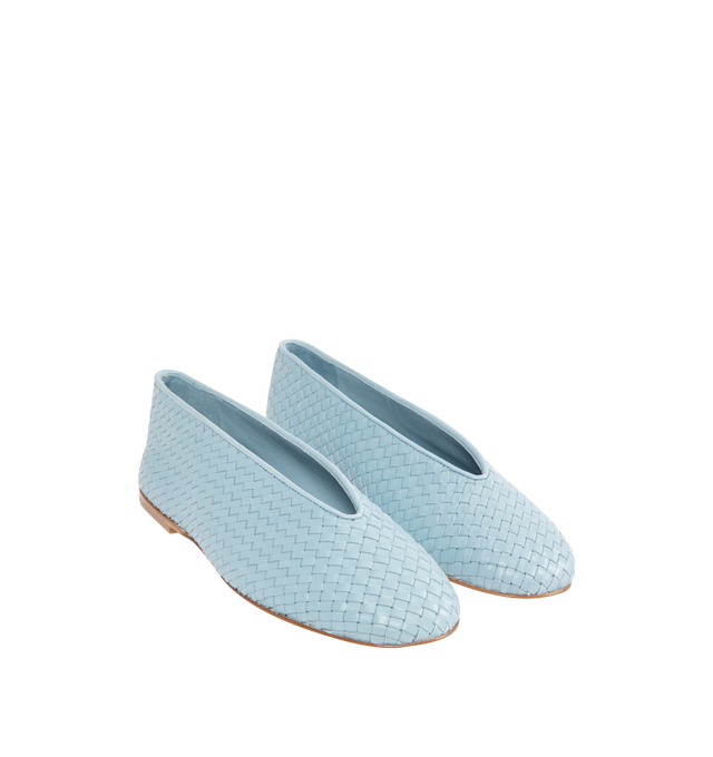 Image 2 of 4 - BLUE - BOTTEGA VENETA Rosa Flat featuring woven lambskin leather with supple construction, smooth piping detail and rubber-injected leather outsole. Lambskin. Made in Italy.
