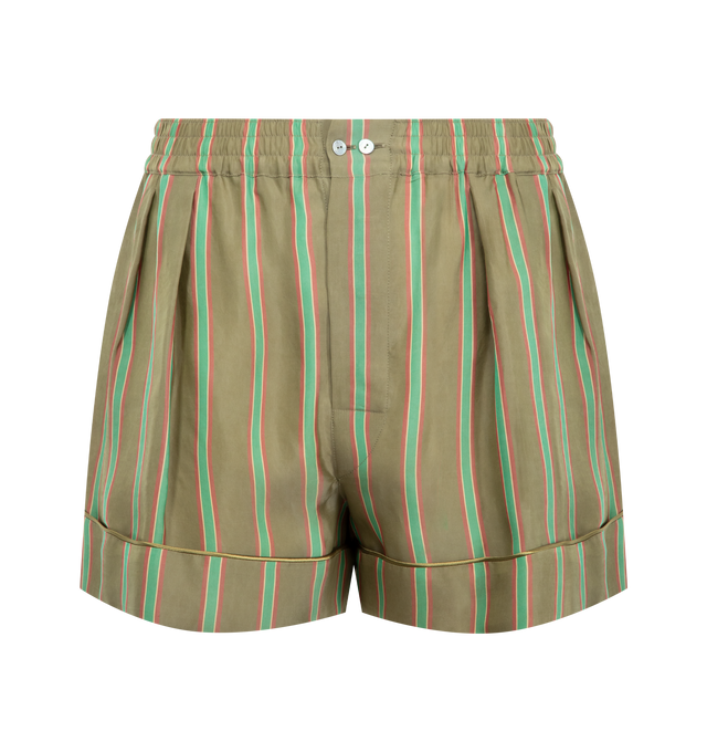 Image 1 of 3 - GREEN - SAINT LAURENT Pyjama Short featuring a wide leg with double-pleat, concealed pockets, piped upturned cuffs and elasticized waist. 100% cupro. Made in Italy.