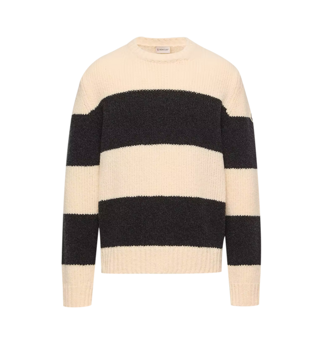 Image 1 of 1 - MULTI - Moncler Men's Striped Wool Blend Boucl Sweater is crafted from a tactile virgin wool and nylon boucl blend and features a bold striped pattern with a textured finish. Designed in a regular, clean silhouette, this designer knit is finished with a classic crew neckline, gauge 3 construction, and a signature Moncler logo patch. Main Material: 84% Virgin Wool, 16% Polyamide/Nylon. Fit: Regular. Made in Romania.