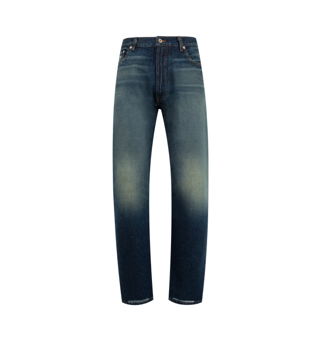 Image 1 of 3 - BLUE - GALLERY DEPT. Marley Denim featuring classic silhouette with a mid-rise fit, 5-pocket design, slight distressing, debossed tan leather GALLERY DEPT. jacron on the back waistband, embroidered GD pin detailing on the coin pocket and GD custom hardware. 100% cotton. Made in USA.