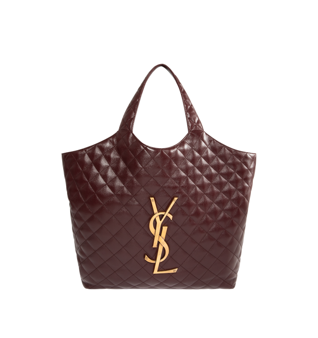 Image 1 of 3 - RED - SAINT LAURENT ICARE Bag in quilted nappa featuring maxi tote in nappa lambskin, diamond-quilted topstitching, inner chain allows the sides to be collapsed or expanded as desired, includes a removable pouch in quilted nappa, leather lining, bronze-tone hardware and detachable chain toggle closure. 14.6"21.7" X 16.9" X 2". Strap drop: 8.3". Lambskin. Made in Italy.