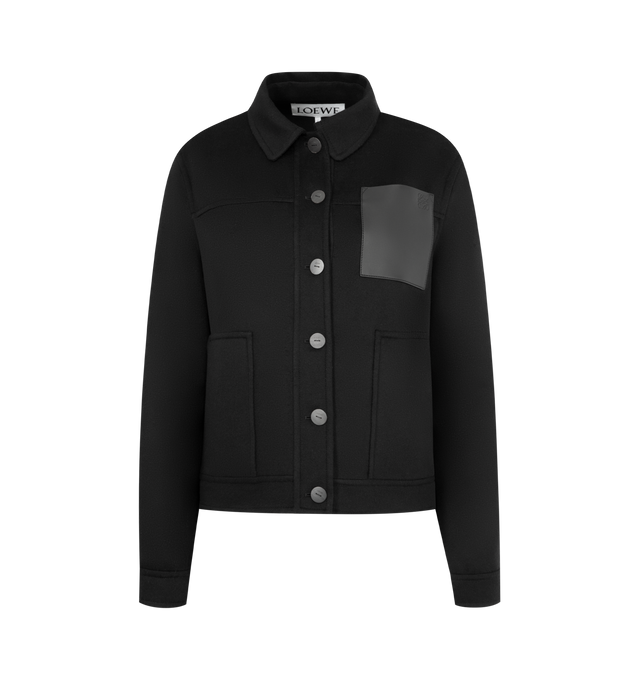 Image 1 of 3 - BLACK - LOEWE Workwear Jacket in lightweight double face wool and cashmere featuring an asymmetric front to back hem with ties at the side, relaxed fit, regular length, classic collar, button front fastening, buttoned cuffs, patch pockets and LOEWE Anagram embossed leather pocket placed on the chest. 90% wool 10% cashmere. Made in Italy.