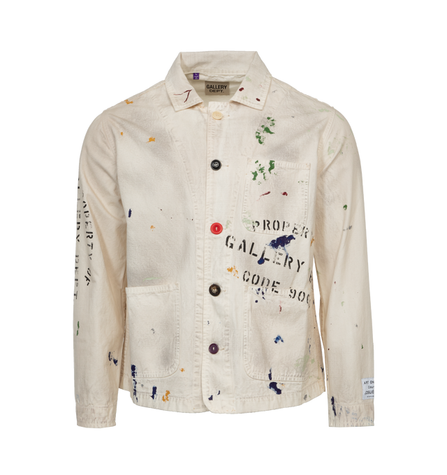 Image 1 of 3 - WHITE - GALLERY DEPT. EP JACKET is made from thick ripstop cotton fabric and has a stamp logo screen printed on top of the final silhouette, as well as unique hand-painted splatter detailing. 100% cotton. 