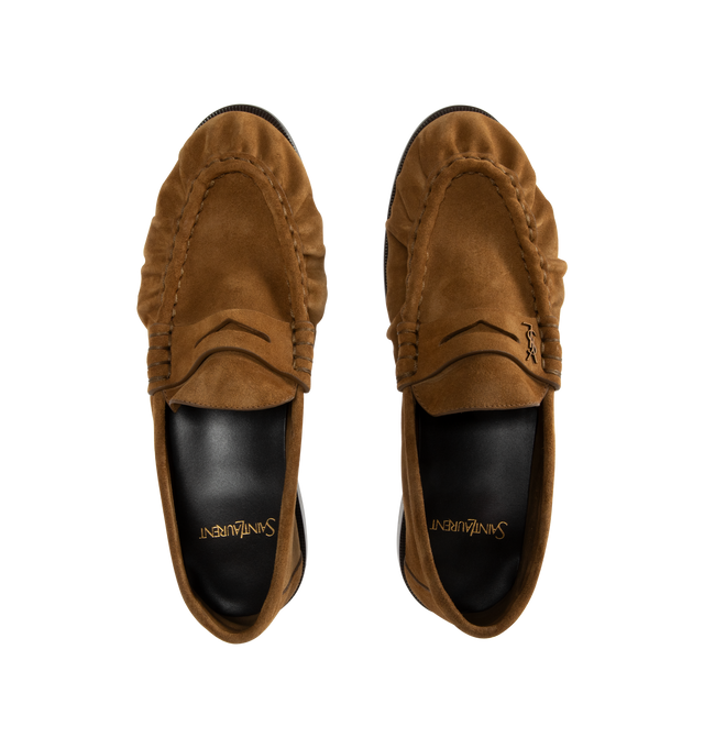Image 4 of 4 - BROWN - SAINT LAURENT Le Loafer in suede decorated with the cassandre featuring a hand-stitched moc toe and leather sole. Calfskin. Made in Italy.