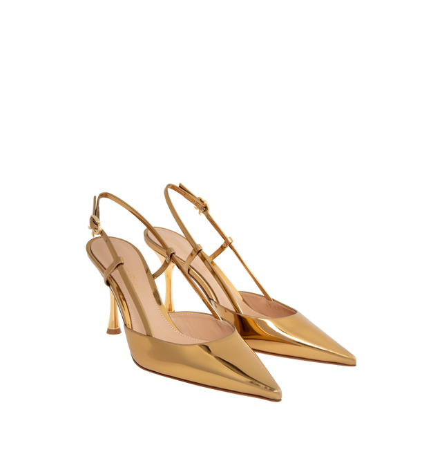 Image 2 of 4 - GOLD - GIANVITO ROSSI Ascent Metal Pump featuring an hourglass heel, pointed-toe, slingback, ribbon buckle in gold metal on the ankle strap. Heel height: 3.3 inches/85 mm. 100% calf.