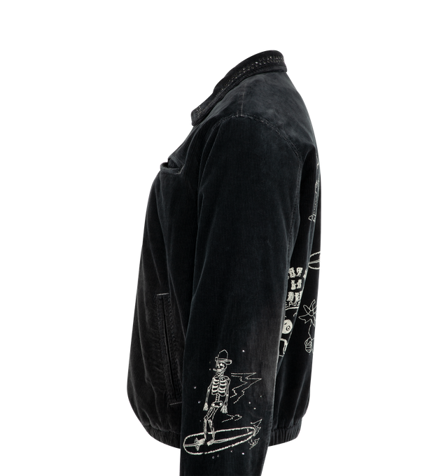 Image 4 of 4 - BLACK - COUT DE LA LIBERTE Vince Stretch Embroidered Jacket featuring corduroy fabric, zip front closure, side slit pockets, elastic waist and cuffs and emboidered on sleeves and back.