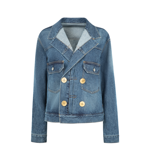 Image 1 of 3 - BLUE - SACAI Denim Jacket featuring a boxy silhouette, double-breasted front, gold-toned buttons, one button cuffs, buttoned pockets on chest, side slit pockets and adjustable tabs at the waist. 100% cotton. Made in Japan.