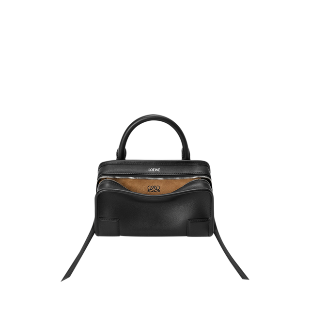 Image 1 of 11 - BLACK - Loewe Mini Amazona 180 Bag in leather features a relaxed silhouette anchored by a single toron top handle, designed to be carried open, while a concealed closure secures the main compartment, removable shoulder and crossbody straps, two carry options: short handle, removable and adjustable crossbody strap, zip closure with two leather zip pullers, two compartments, main compartment closed with magnetic closure, left side d-ring for customization, suede and nappa lambskin lining, and