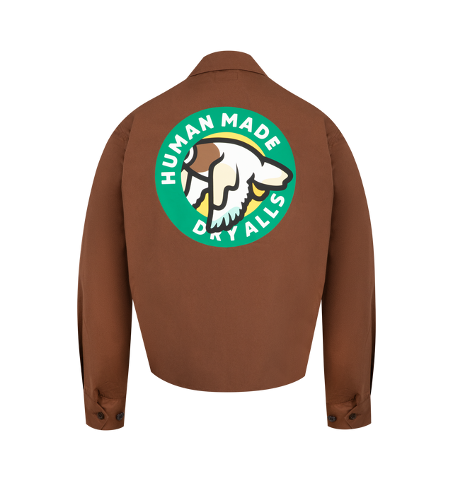 Image 2 of 2 - BROWN - HUMAN MADE Drizzler Jacket featuring a regular fit, short length, lightweight, firm polyester-cotton blend, duck graphics connecting the front and back, rubber prints enhance the design and heart buttons on the cuffs. 65% polyester, 35% cotton.