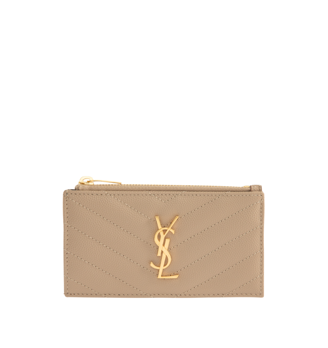 Image 1 of 3 - BROWN - SAINT LAURENT Zip Cardcase featuring cassandre logo, quilted overstitching, tanned leather, gold-toned metal hardware, zip closure, 5 card slots and 1 zip pocket. 5.1 x 3.1 x 0.7 inches. Calfskin. Made in Italy.