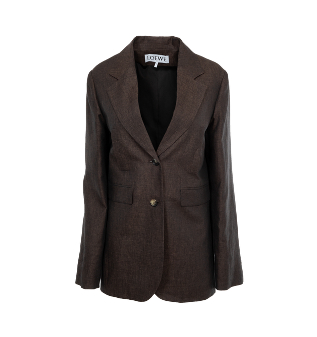 Image 1 of 3 - BROWN - LOEWE Tailored Jacket featuring slim fit, regular length, single breasted, notch lapels, split cuffs, button front fastening, LOEWE engraved horn buttons, vertical chest welt pockets, flap pockets and fully lined. Linen. Made in Italy. 