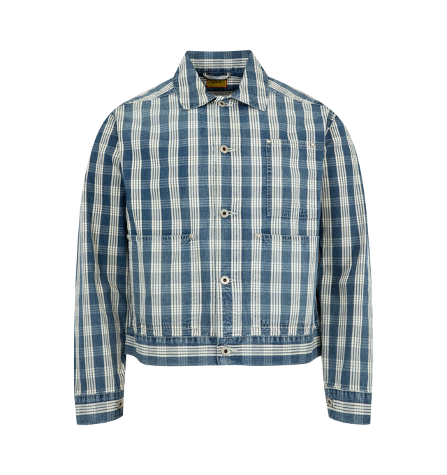 Image 1 of 2 - BLUE - HUMAN MADE Checked Work Jacket featuring classic collar, front button closure, 3 pocket styling, decorative rivets, all-over check pattern and chain stitched logo. 100% cotton.