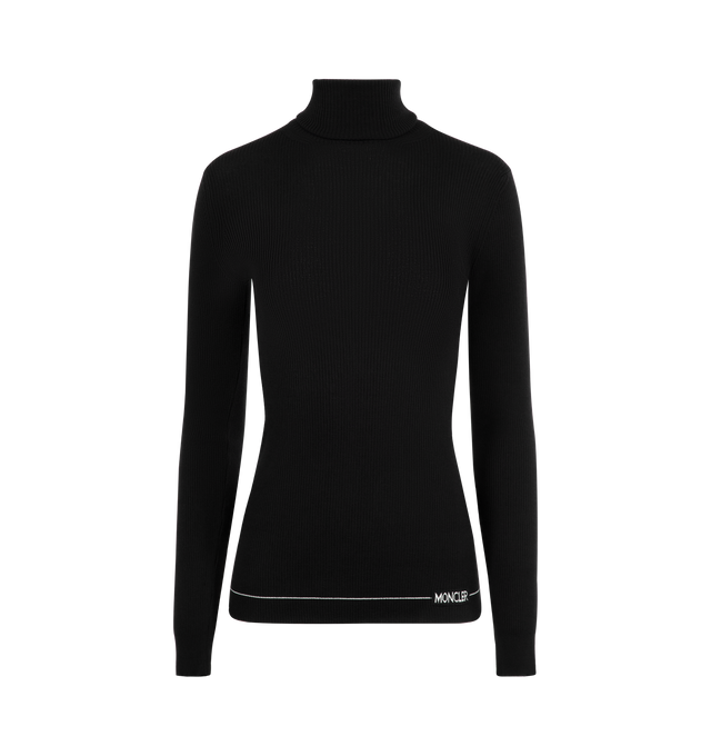 Image 1 of 2 - BLACK - MONCLER Logo Wool Turtleneck Sweater featuring Merino wool, rib knit, gauge 18, turtleneck and jacquard logo detail. 100% virgin wool. Made in Romania.