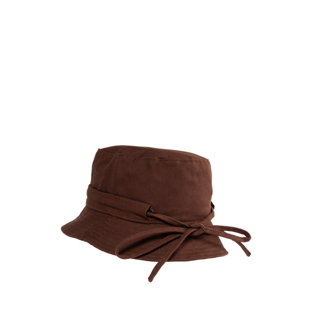 Image 2 of 2 - BROWN - JACQUEMUS Le Bob Gadjo Bucket Hat featuring silver-tone logo hardware at face, drawstring at back, quilted brim and plain-woven lining. 100% cotton. Made in China. 