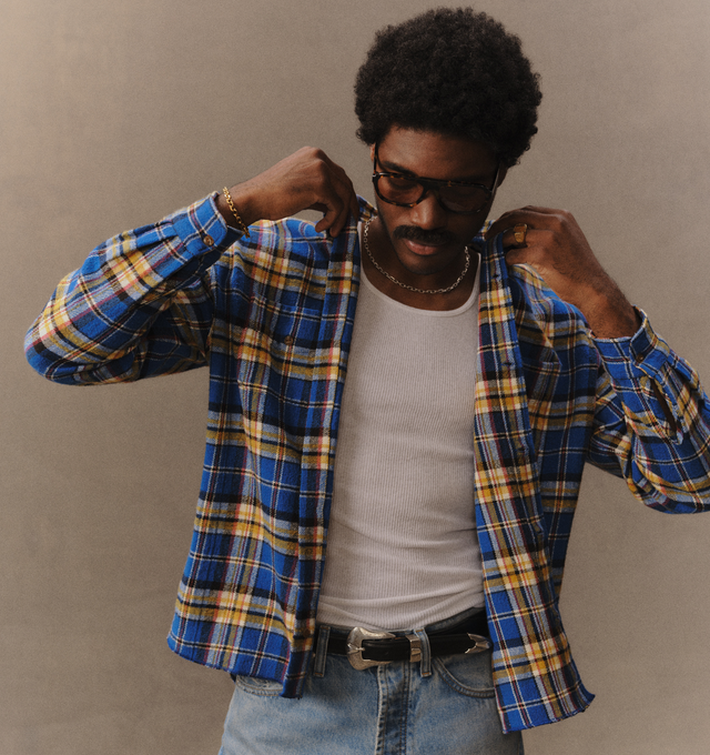Image 4 of 6 - BLUE - Cherry LA Plaid Classic Shirt is crafted from cotton and features a custom brushed plaid pattern, a relaxed-fit silhouette, and classic Western-inspired detailing. Designed with embroidery beneath the wearer's left chest pocket and finished with four-hole cat-eye buttons, this versatile shirt combines heritage influences with everyday comfort. Main Material: Cotton.